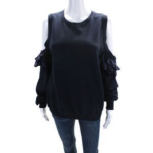 Clu Womens Scoop Neck Cold Shoulder Ruffled Sweatshirt Navy Blue Cotton Small